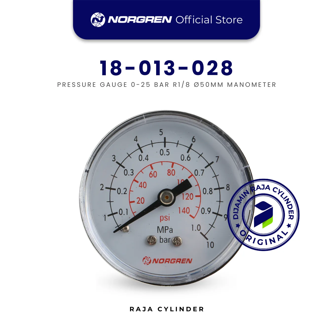 NORGREN 18-013-028 Gauge Monitor Pressure, 0-25 bar, R1/8, Ø50mm bottom connection, Manometer Pneumatic Orginal