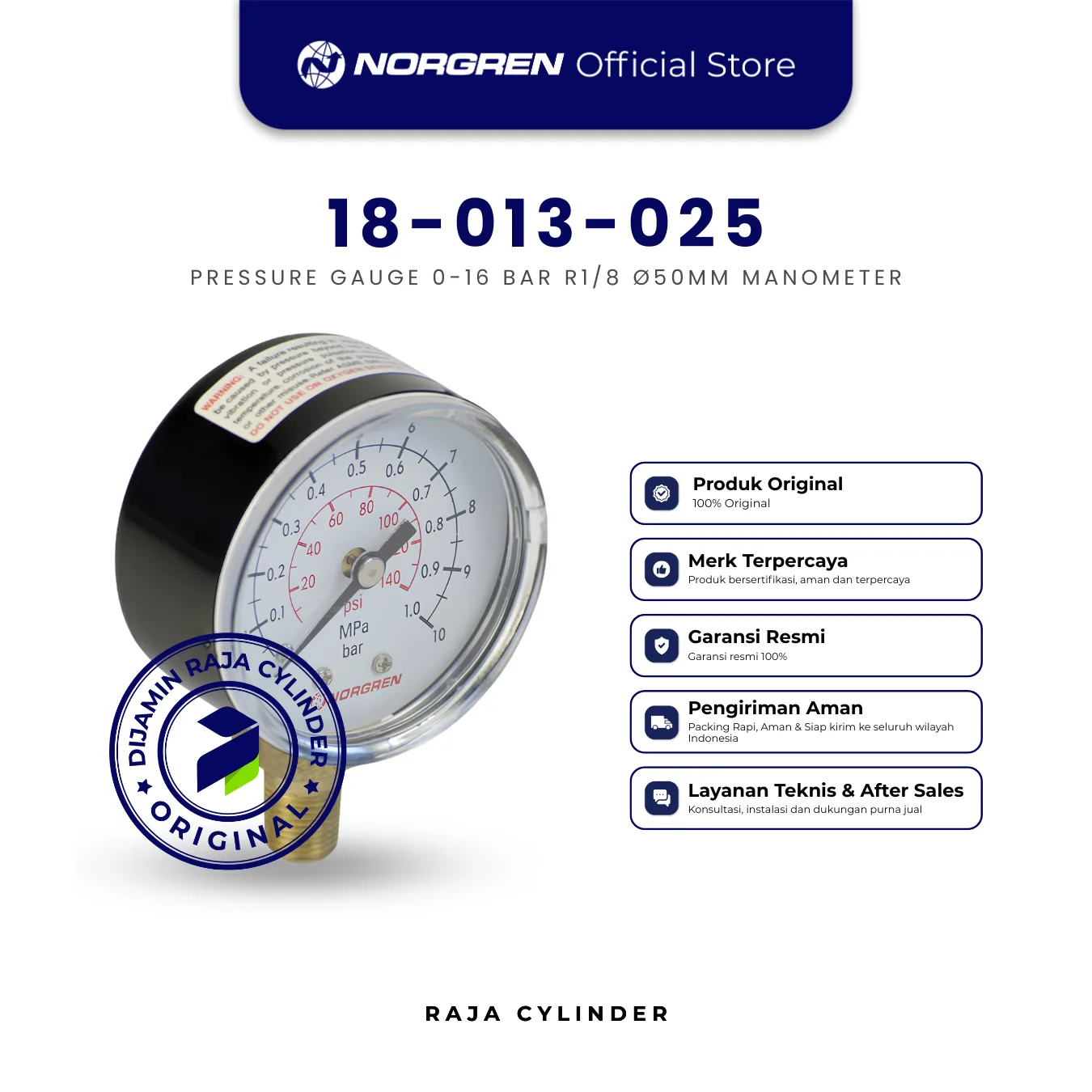NORGREN 18-013-025 Gauge Monitor Pressure, 0-16 bar, R1/8, Ø50mm bottom connection Manometer Pneumatic Original