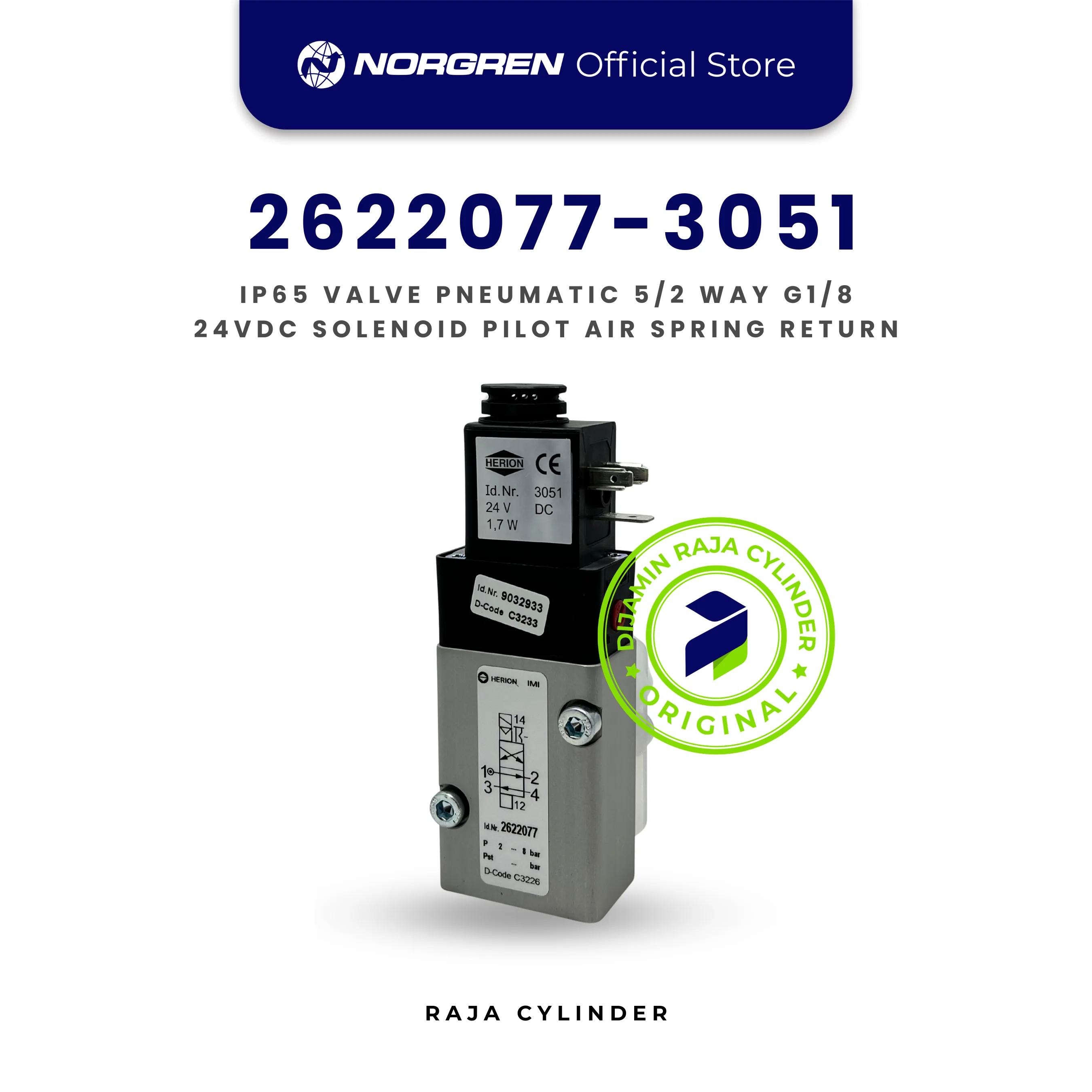 NORGREN 2622077 / 3051 - 24VDC Solenoid Valve 5/2 Namur Interface | Herion 2623 Series G1/4 Original Pneumatic Valve